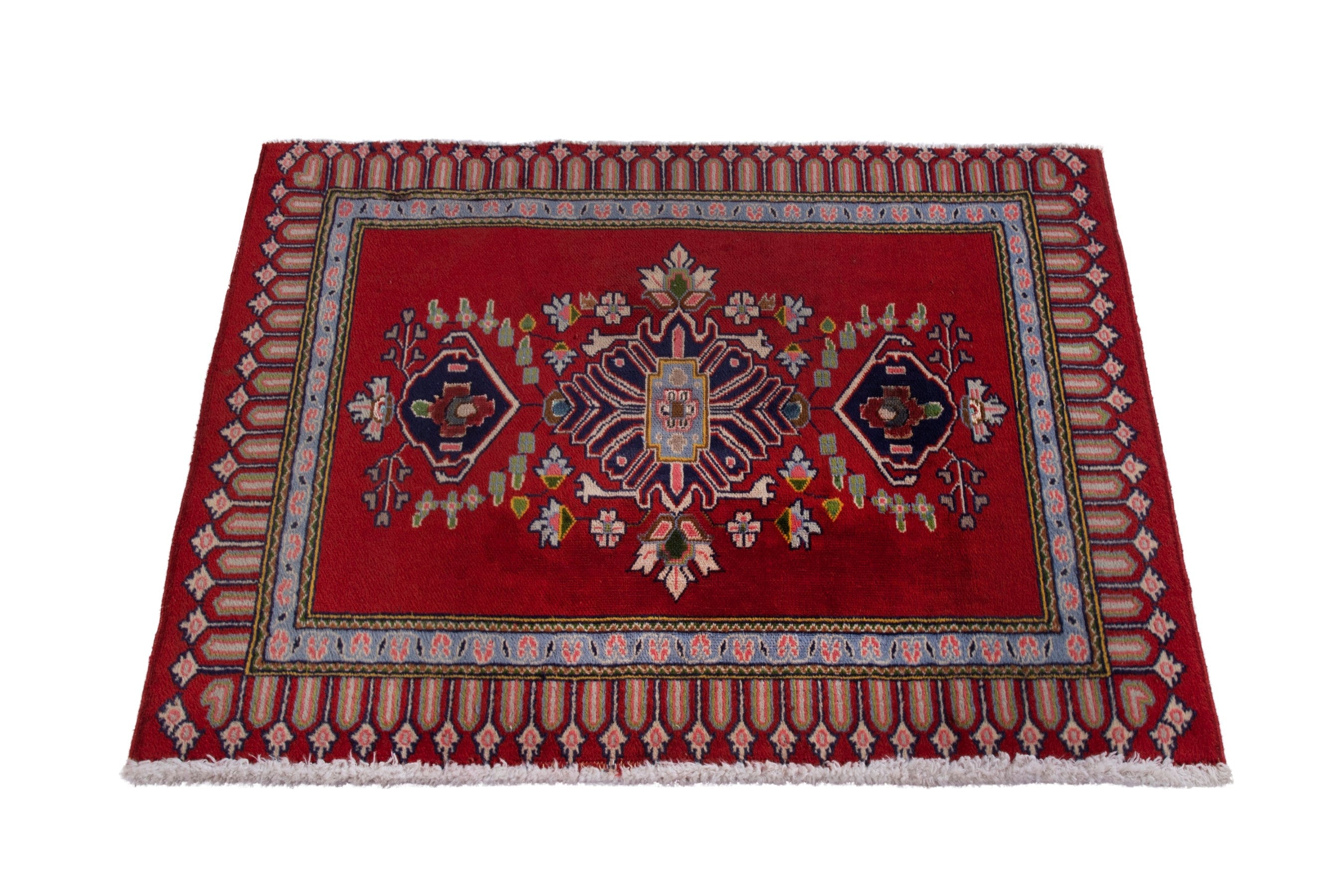 Persian Kashan accent rug in deep red and navy, view 2 of 8