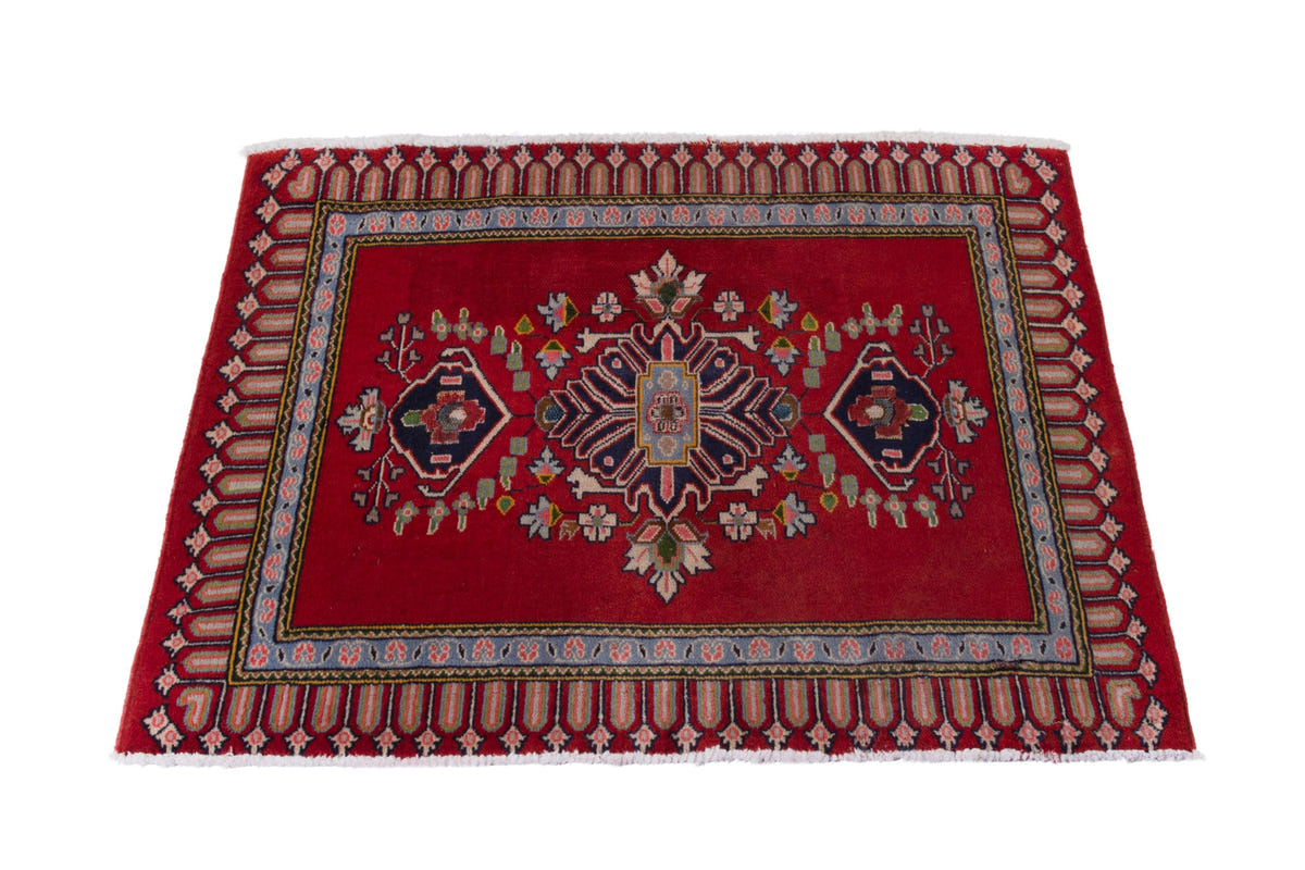 Persian Kashan accent rug in deep red and navy, view 4 of 9