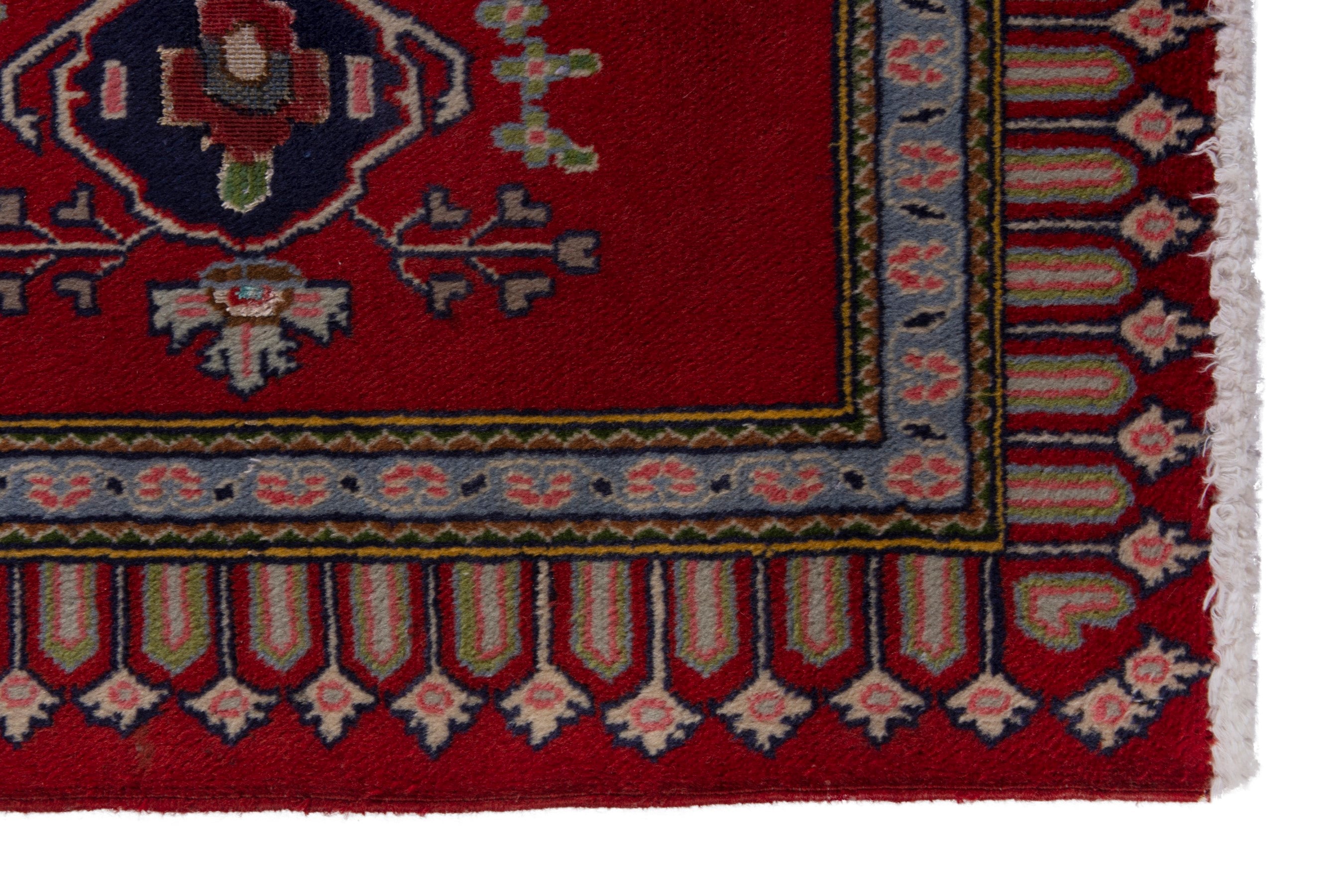 Persian Kashan accent rug in deep red and navy, view 5 of 8