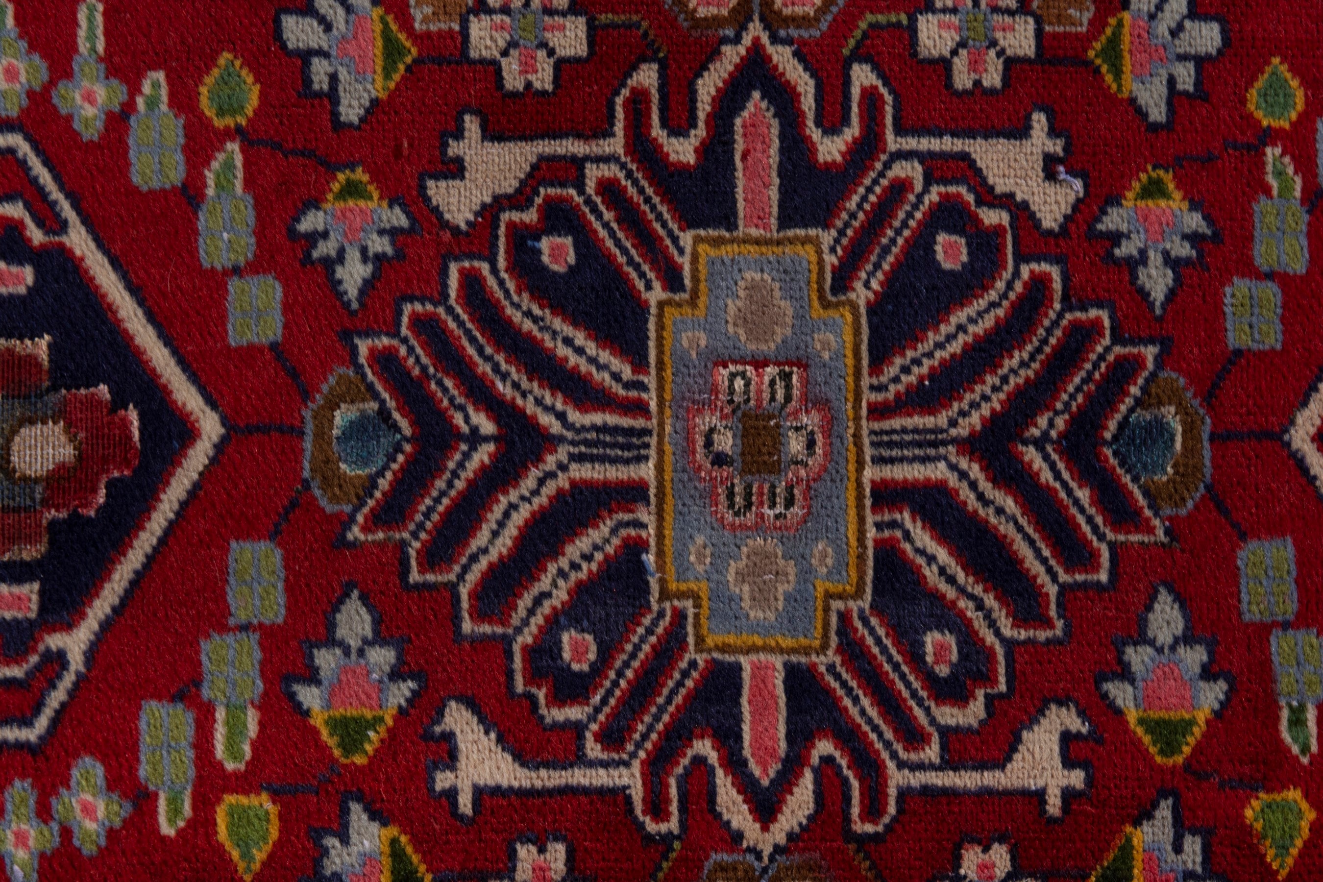 Persian Kashan accent rug in deep red and navy, view 6 of 8