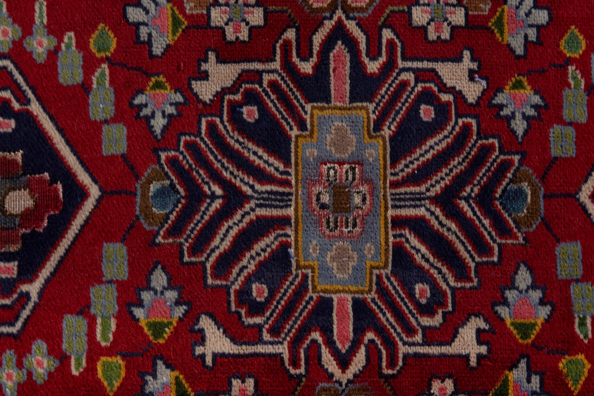 Persian Kashan accent rug in deep red and navy, view 7 of 9