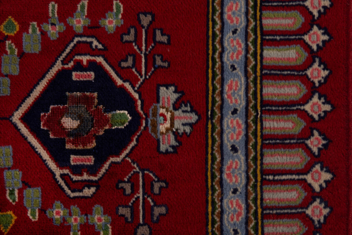 Persian Kashan accent rug in deep red and navy, view 8 of 9