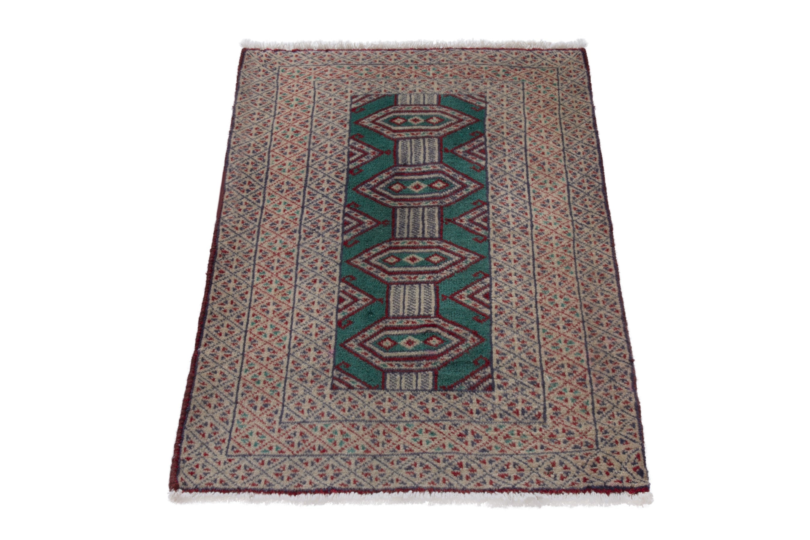 Persian Baluch accent rug in teal and greige, view 2 of 8