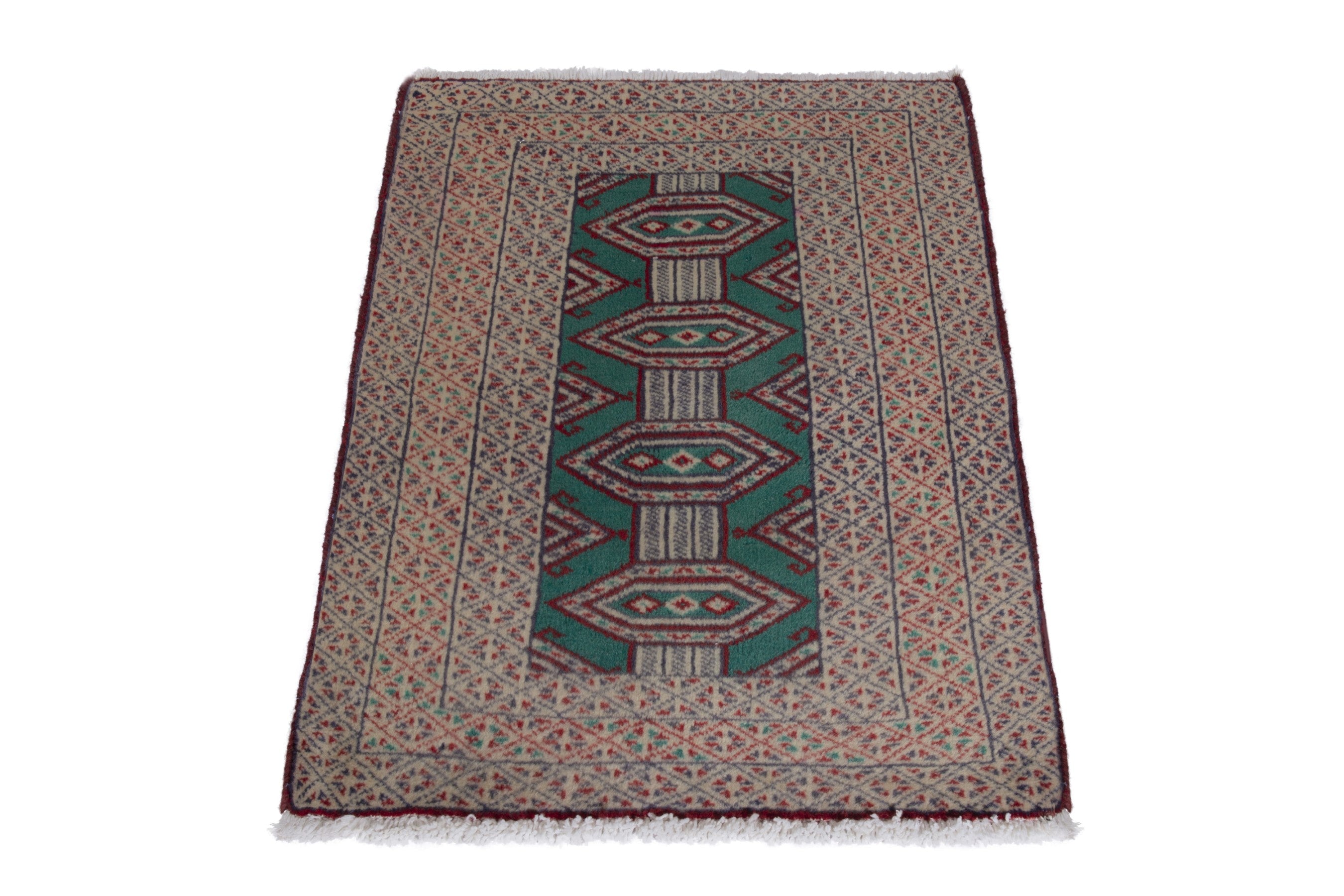 Persian Baluch accent rug in teal and greige, view 3 of 8