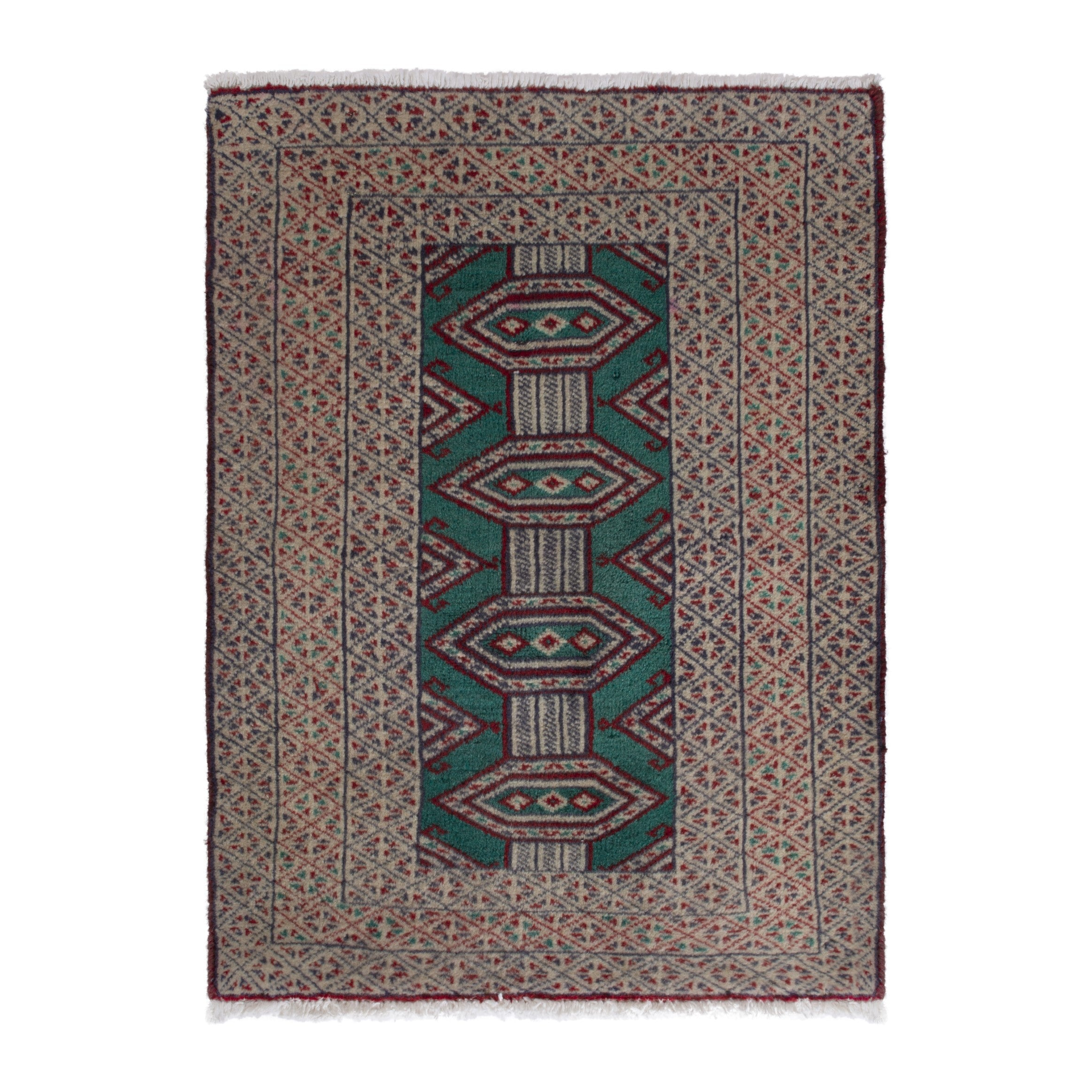 Persian Baluch accent rug in teal and greige, 2'1" x 2'11"
