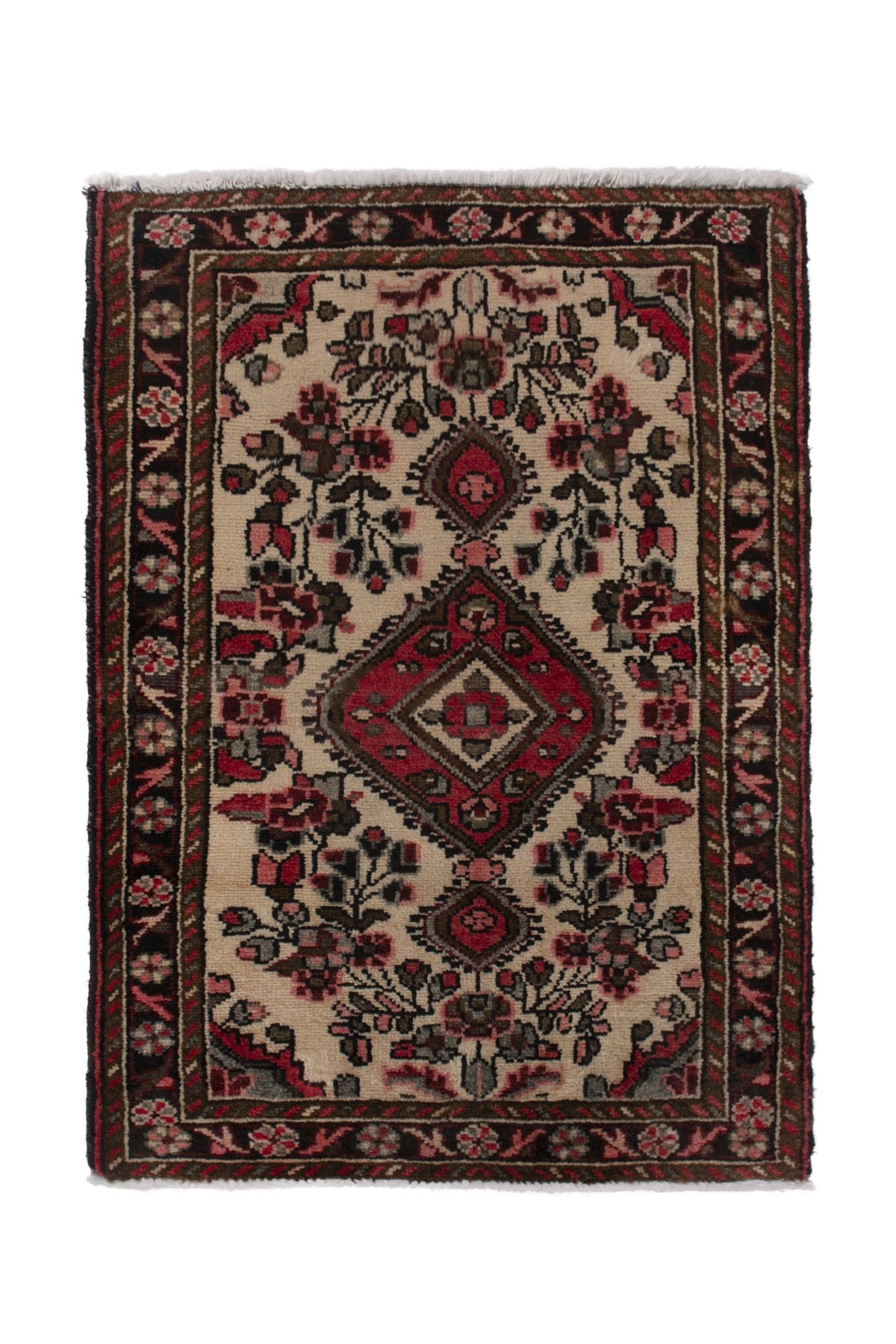 Persian Hamadan accent rug in cream and black, view 2 of 9