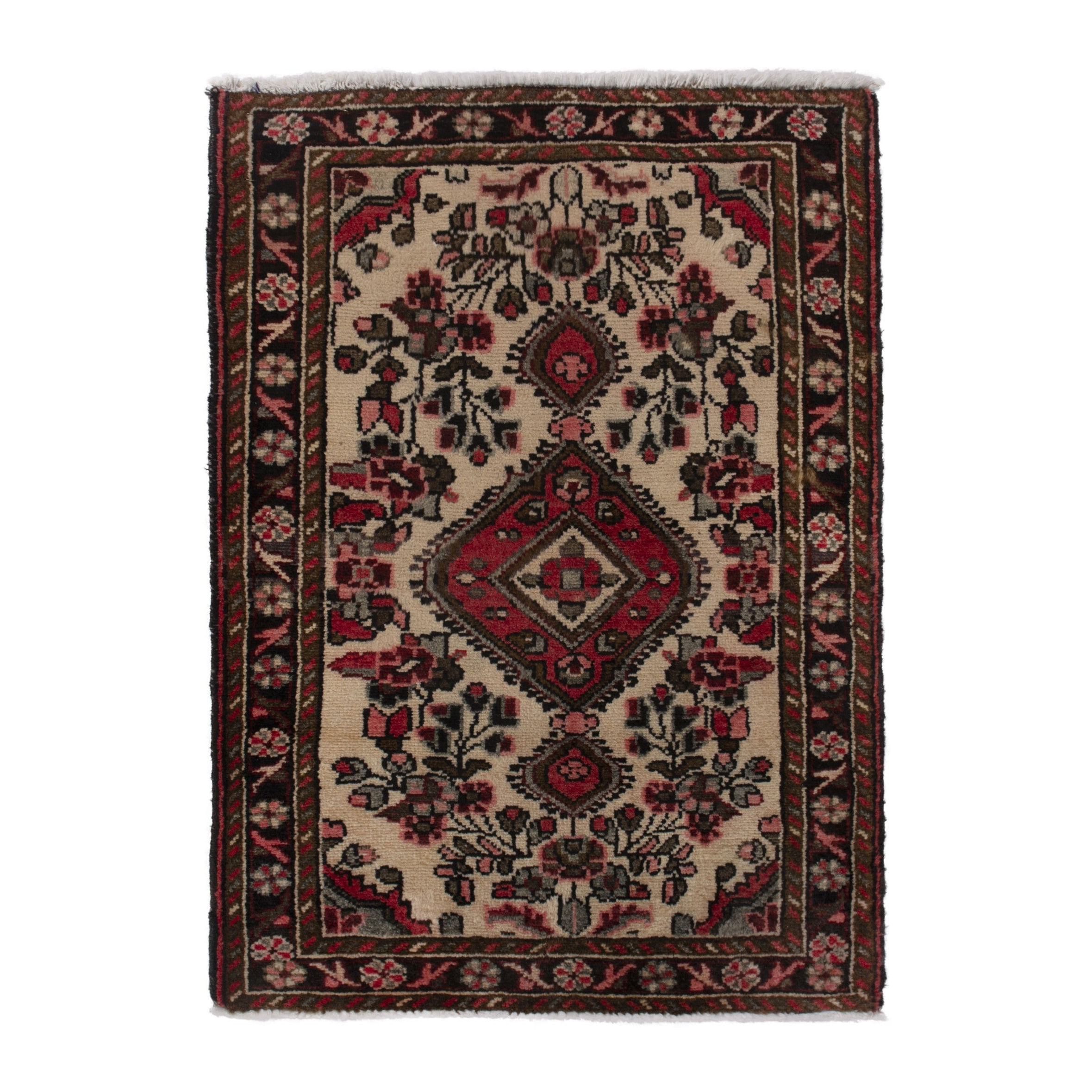 Persian Hamedan accent rug in cream and black, 2'2" x 3'4"