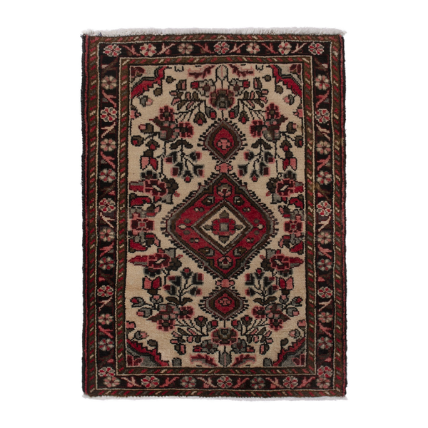 Persian Hamadan accent rug in cream and black, 2'2" x 3'4"