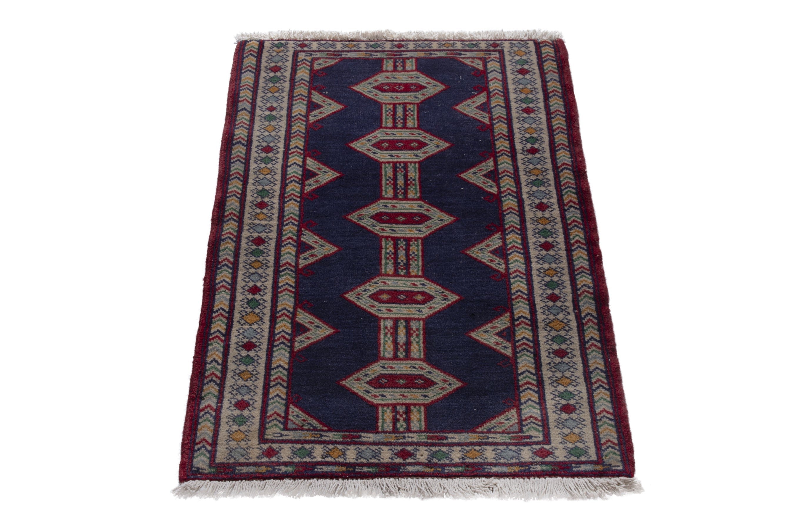 Persian Baluch accent rug in navy and cream, view 2 of 8
