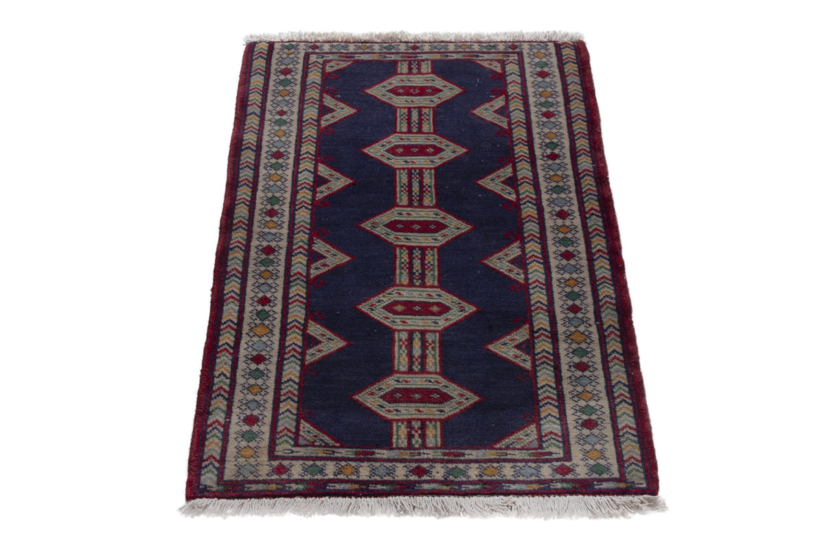 Persian Baluch accent rug in navy and cream, view 3 of 9
