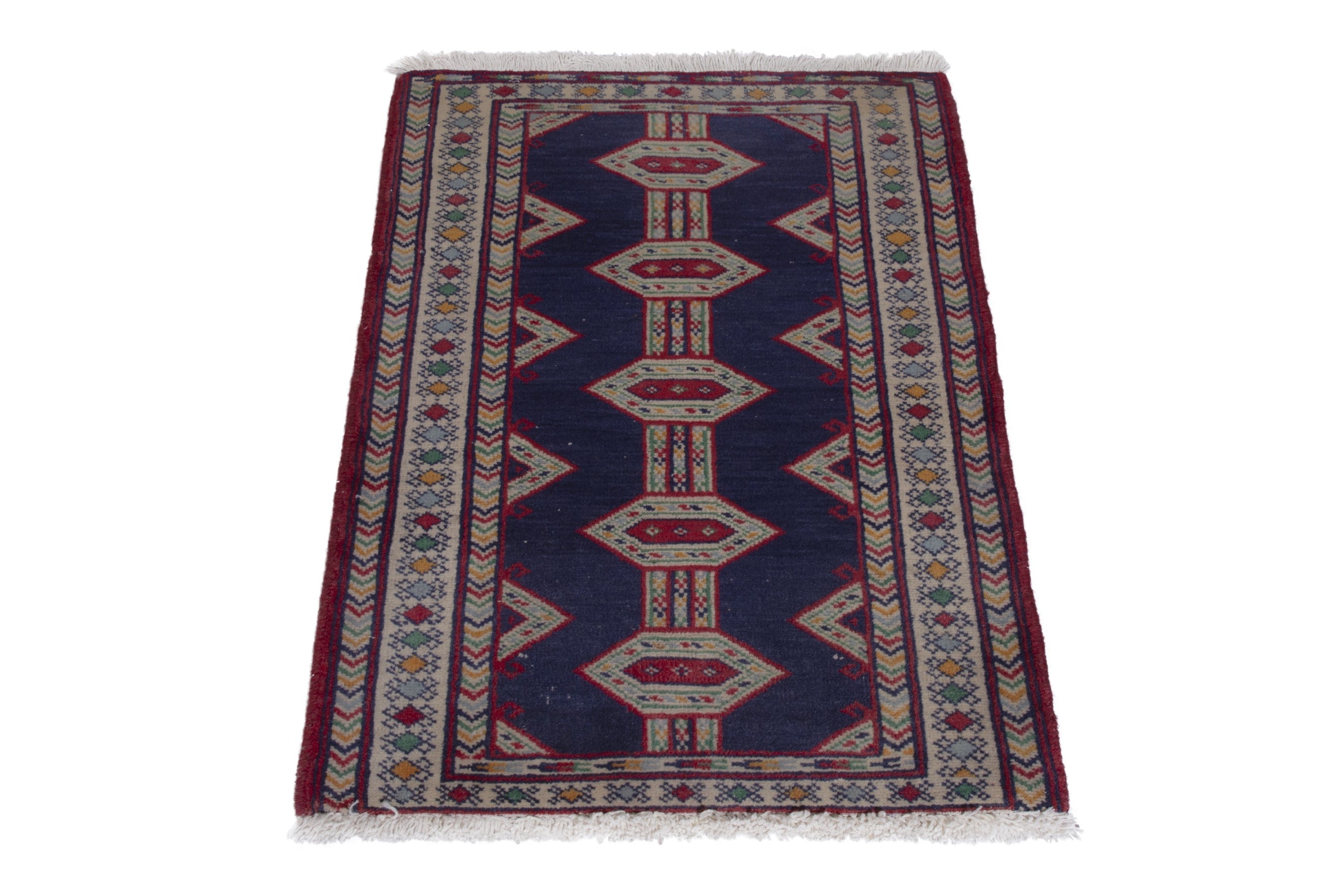Persian Baluch accent rug in navy and cream, view 3 of 8
