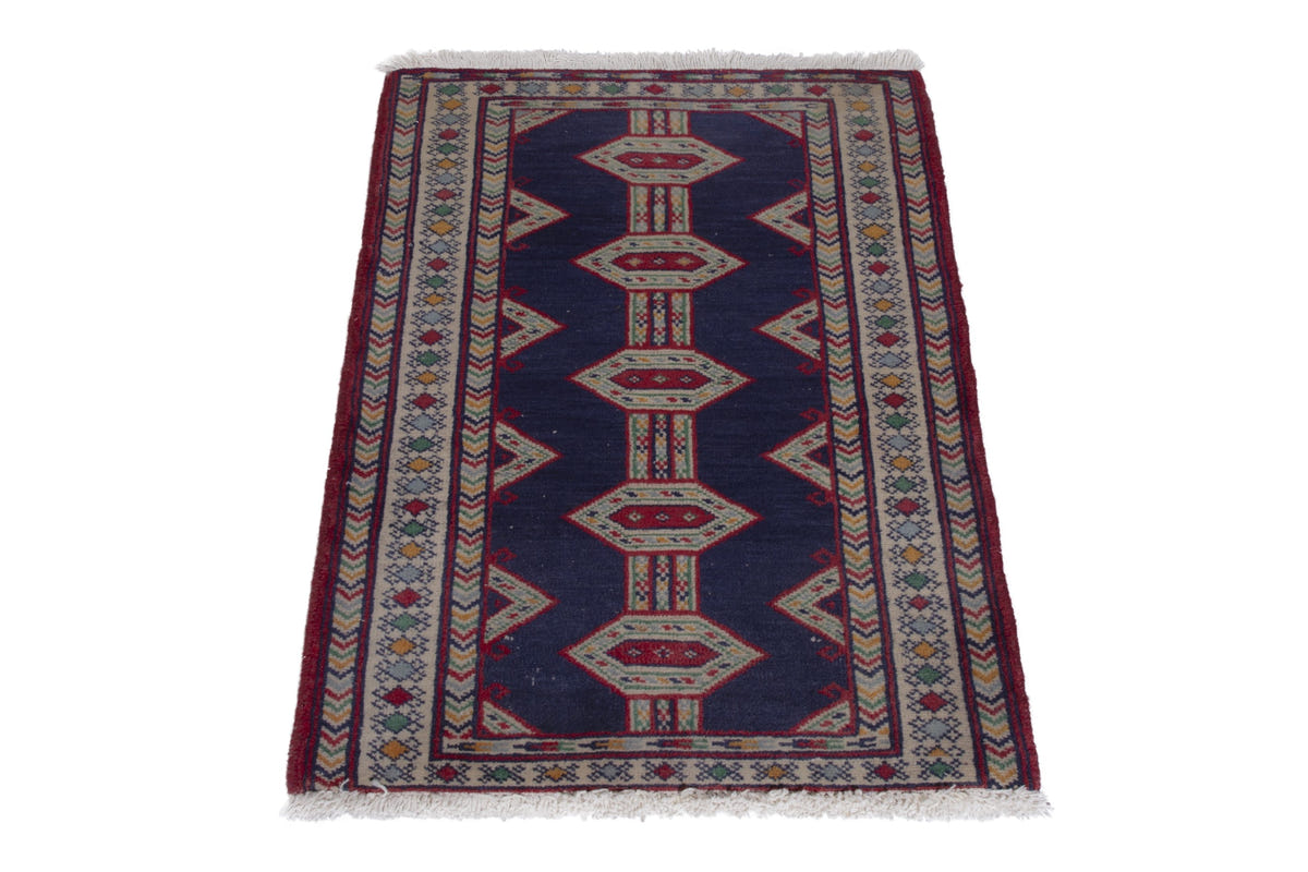 Persian Baluch accent rug in navy and cream, view 4 of 9