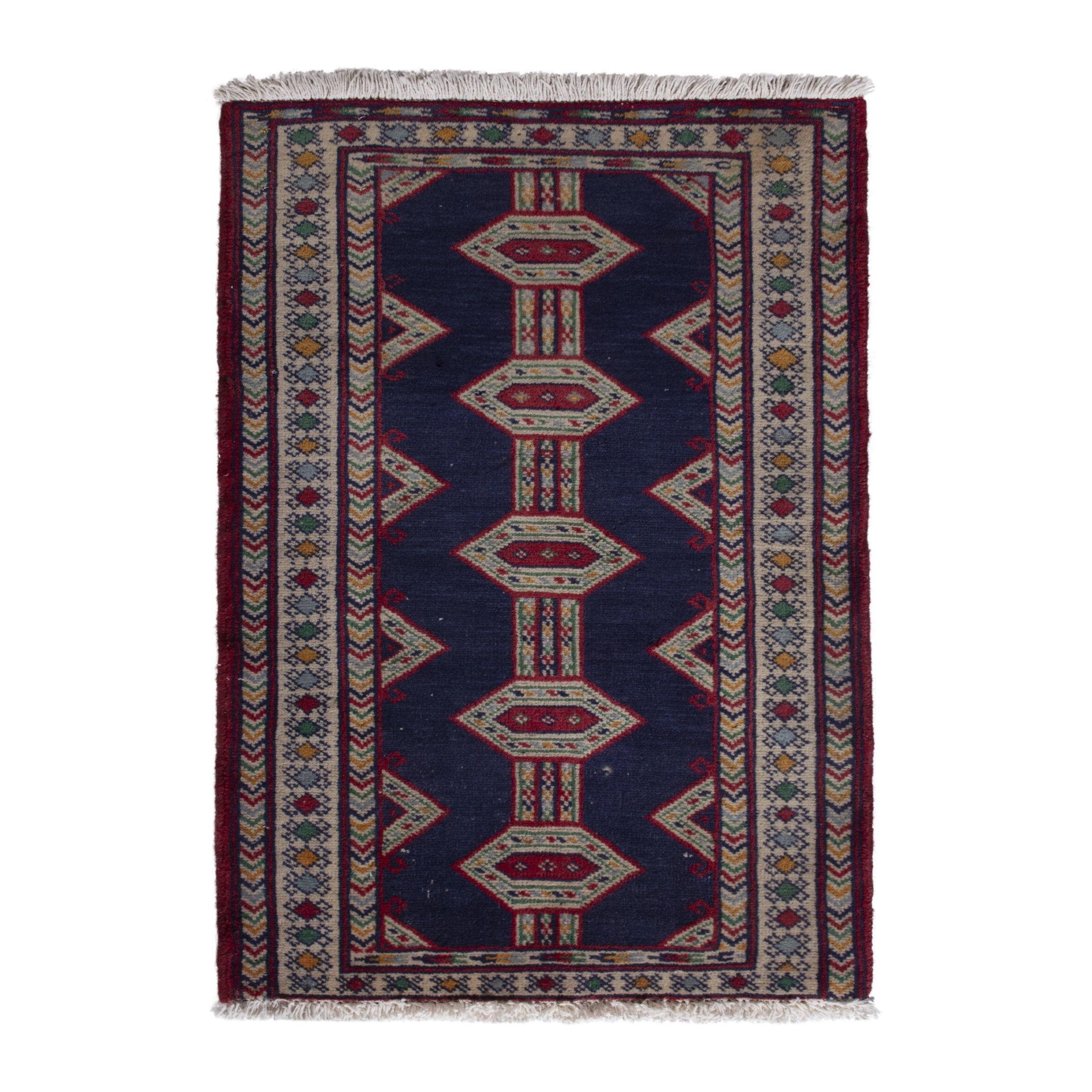 Persian Baluch accent rug in navy and cream, 1'10" x 2'10"