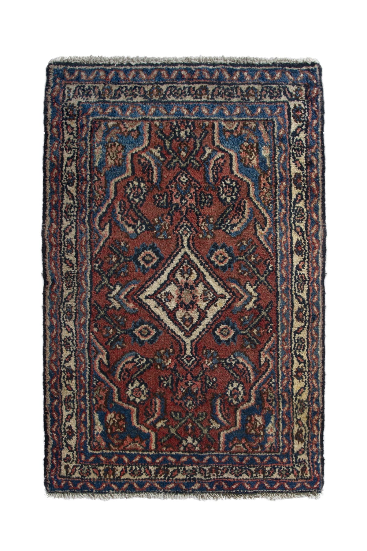 Persian Hamadan accent rug in brick and navy, view 2 of 10