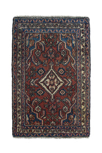 Persian Hamadan accent rug in brick and navy, view 2 of 10