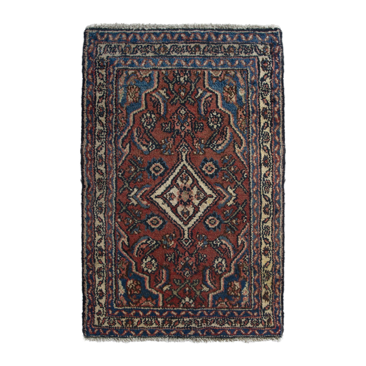 Persian Hamedan accent rug in brick and navy, 1'11" x 3'3"