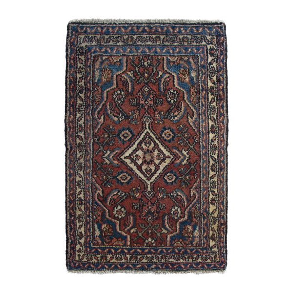 Persian Hamedan accent rug in brick and navy, 1'11" x 3'3"