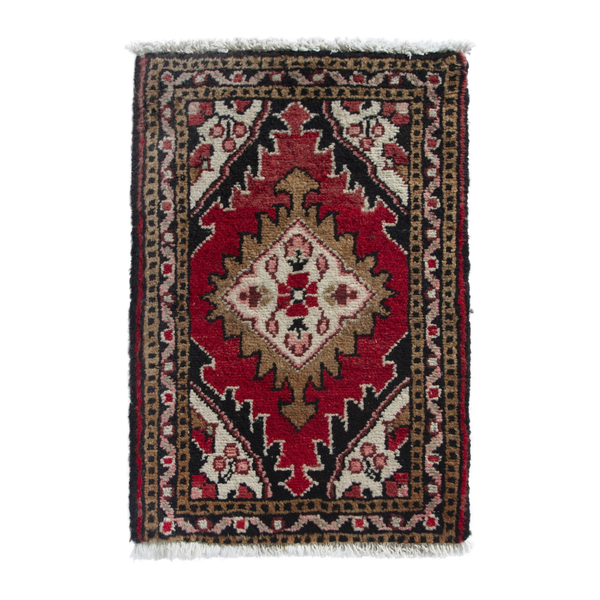 Persian Hamadan accent rug in deep red and black, 1'4" x 2'