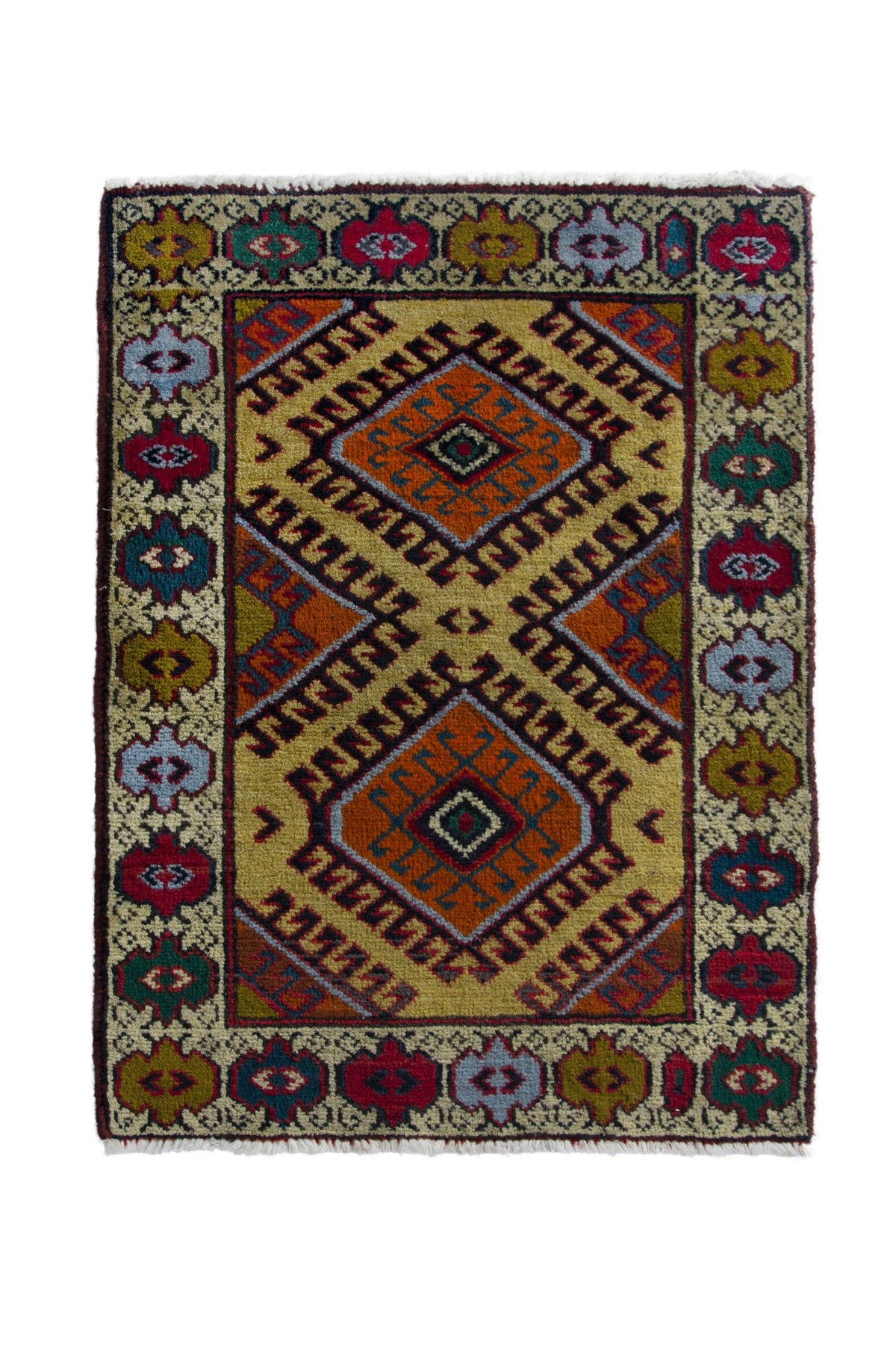 Persian Torkaman accent rug in mustard and cream, view 2 of 10