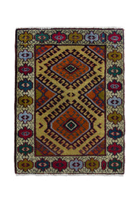 Persian Torkaman accent rug in mustard and cream, view 2 of 10
