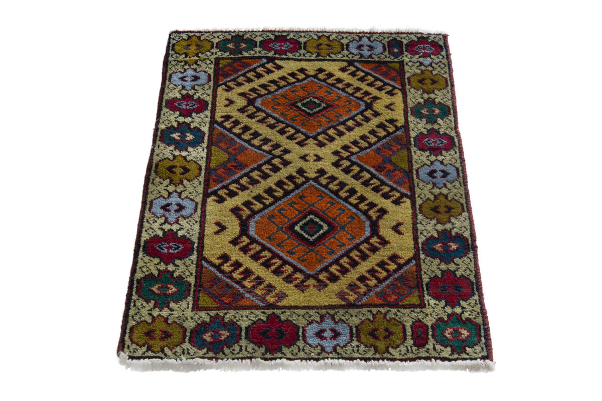 Persian Torkaman accent rug in mustard and cream, view 3 of 10