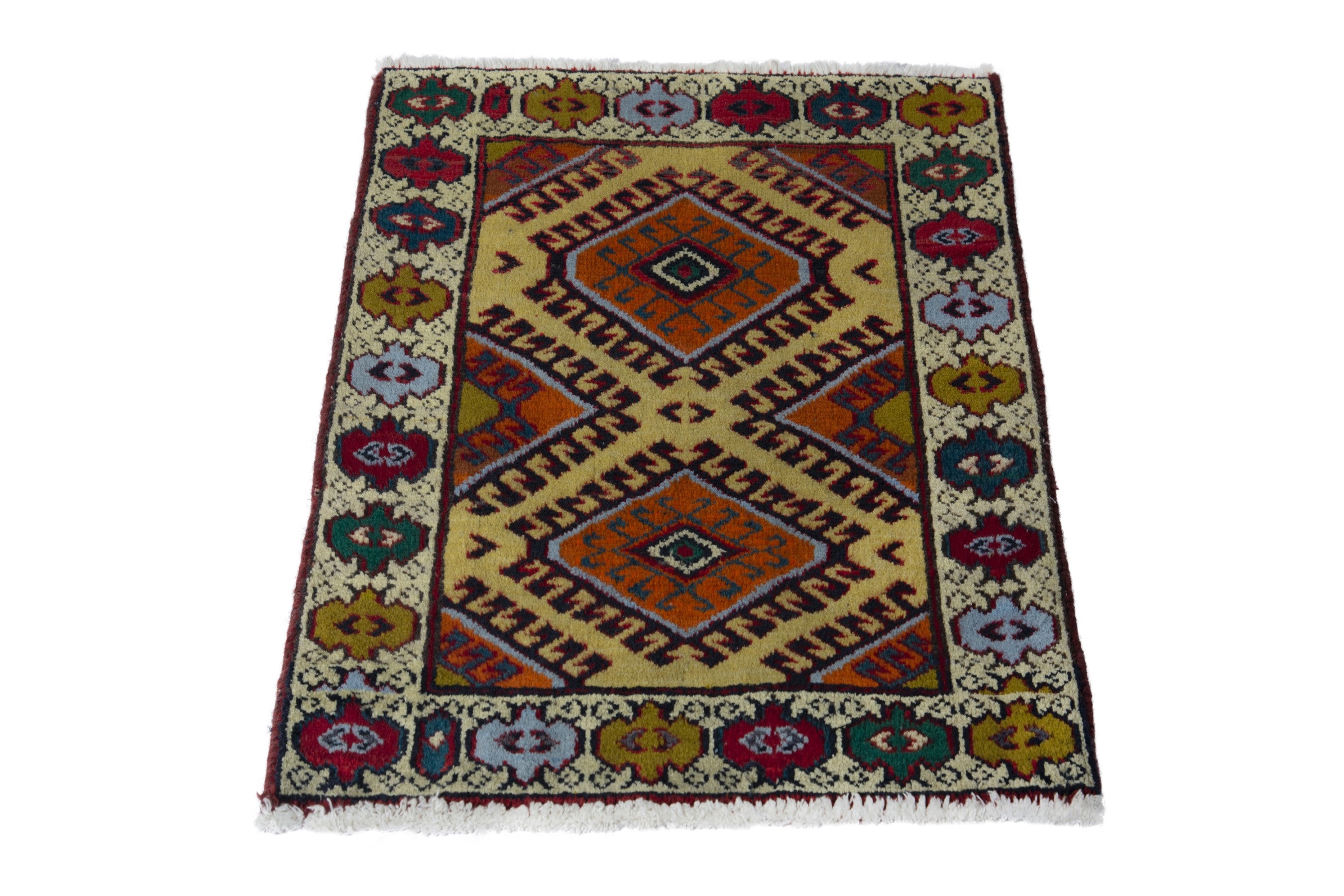 Persian Torkaman accent rug in mustard and cream, view 3 of 9