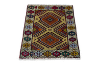 Persian Torkaman accent rug in mustard and cream, view 4 of 10