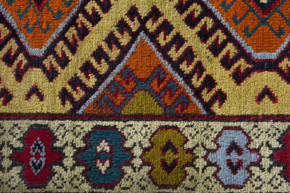 Persian Torkaman accent rug in mustard and cream, view 7 of 10