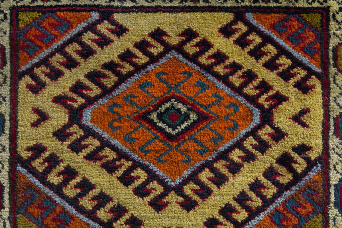 Persian Torkaman accent rug in mustard and cream, view 8 of 10