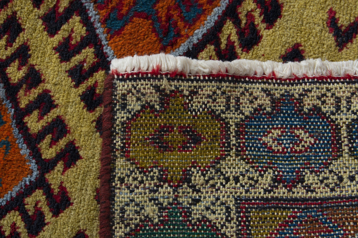 Persian Torkaman accent rug in mustard and cream, view 10 of 10