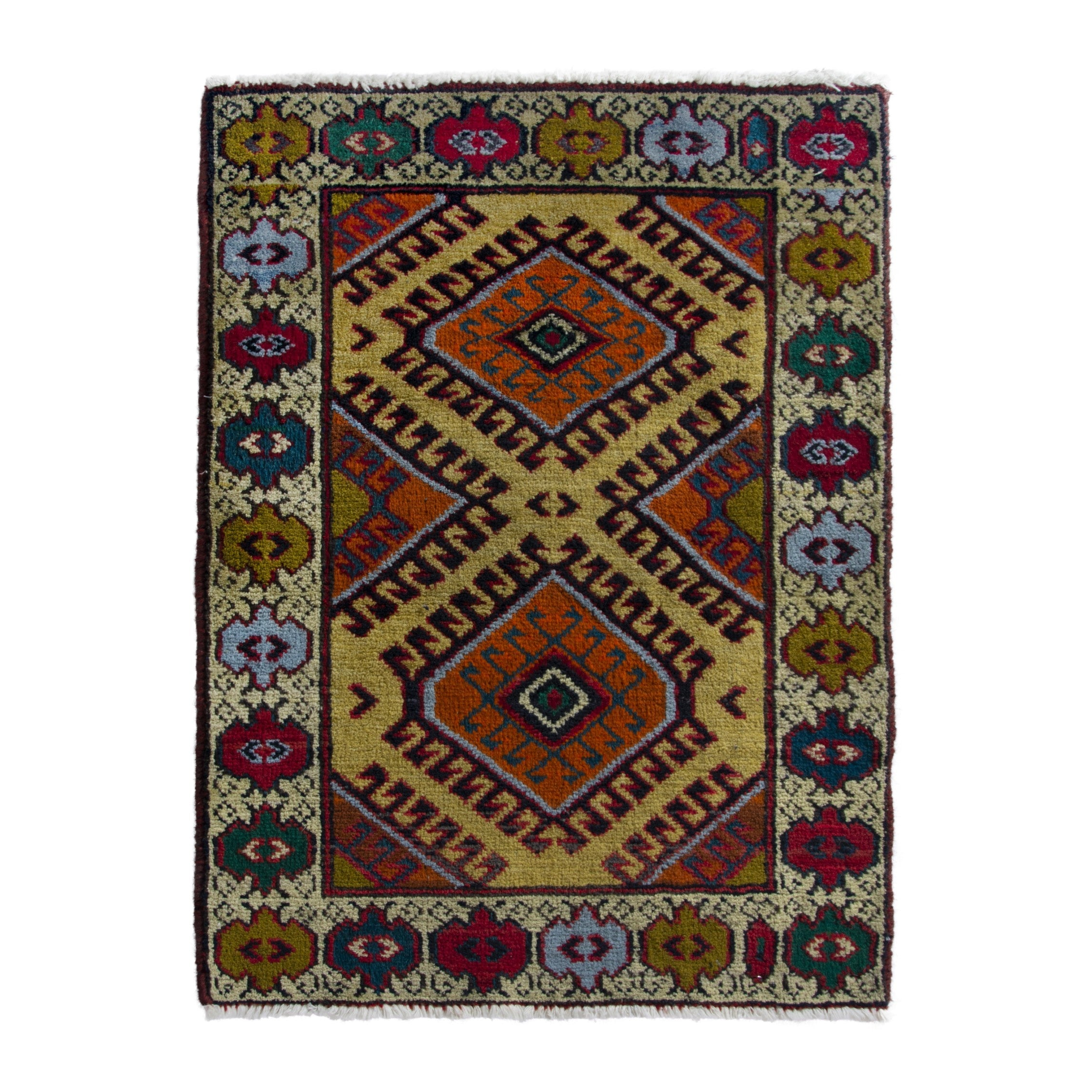 Persian Torkaman accent rug in mustard and cream, 2'2" x 2'9"