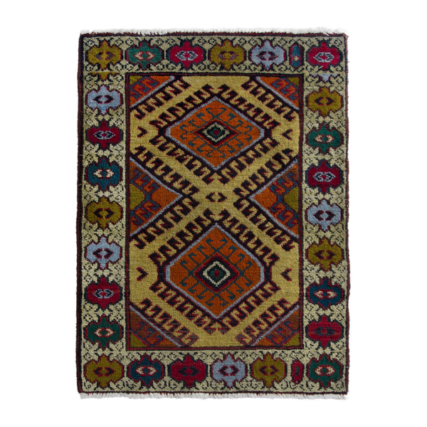 Persian Torkaman accent rug in mustard and cream, 2'2" x 2'9"