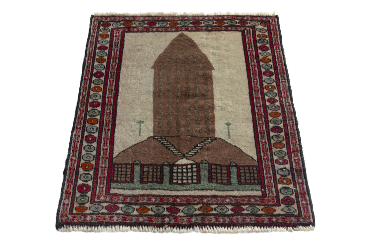 Persian Baluch accent rug in cream and light brown, view 3 of 11