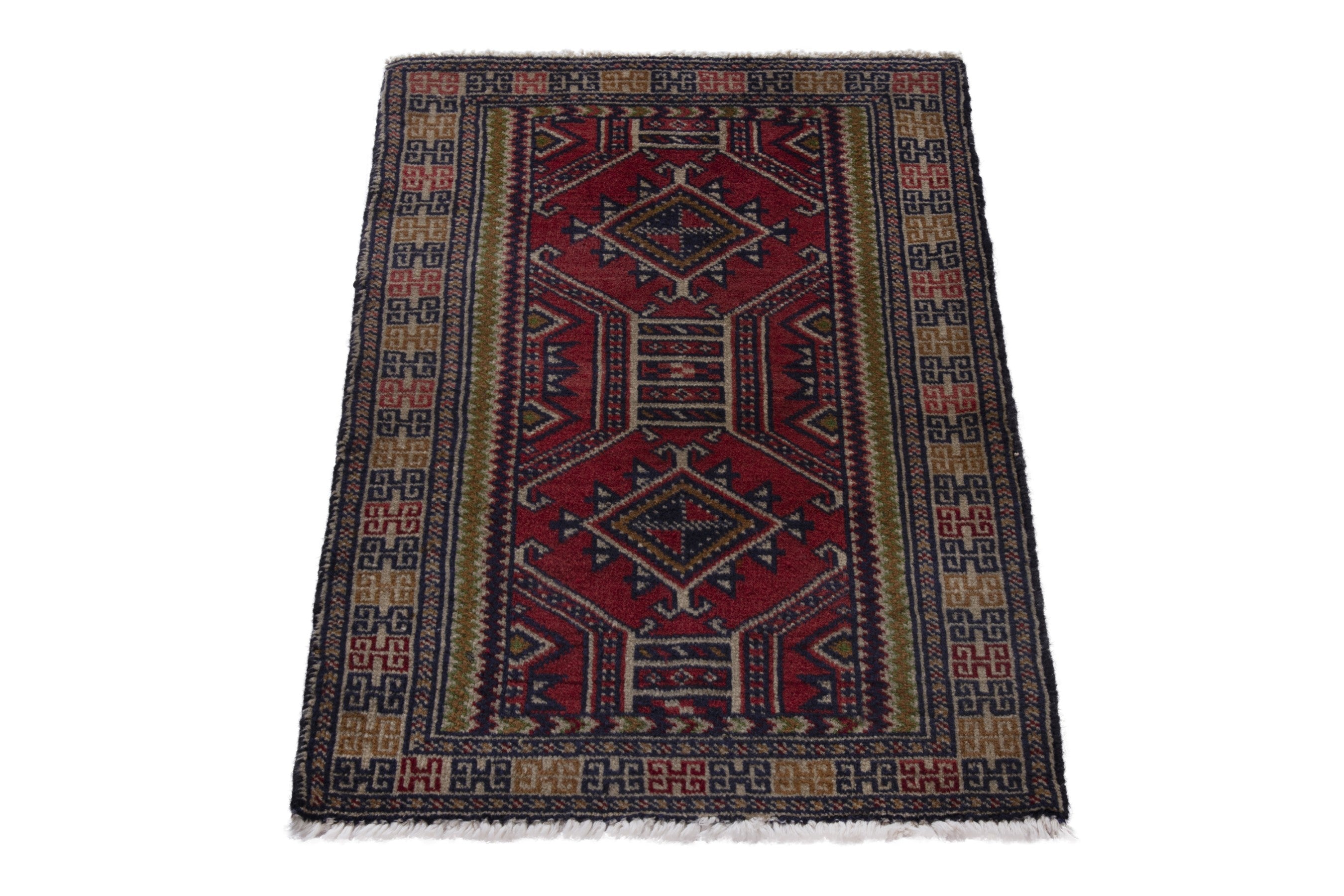 Persian Torkaman accent rug in deep red and tan, view 2 of 8