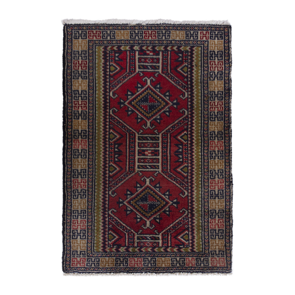 Persian Torkaman accent rug in deep red and tan, 1'8" x 2'8"