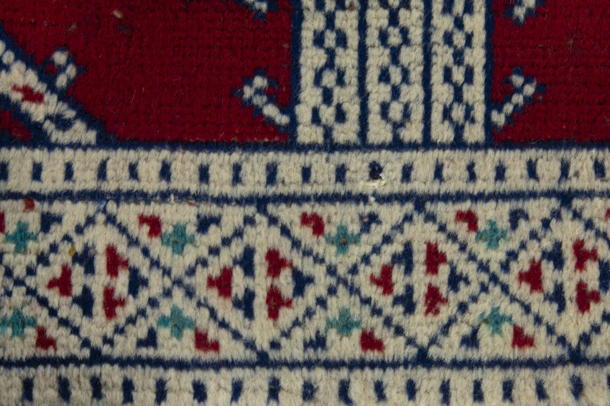 Persian Torkaman accent rug in burgundy and cream, view 9 of 10
