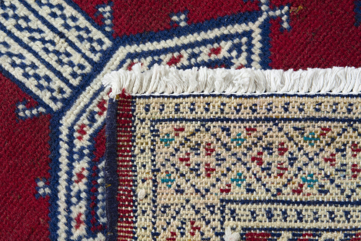 Persian Torkaman accent rug in burgundy and cream, view 10 of 10