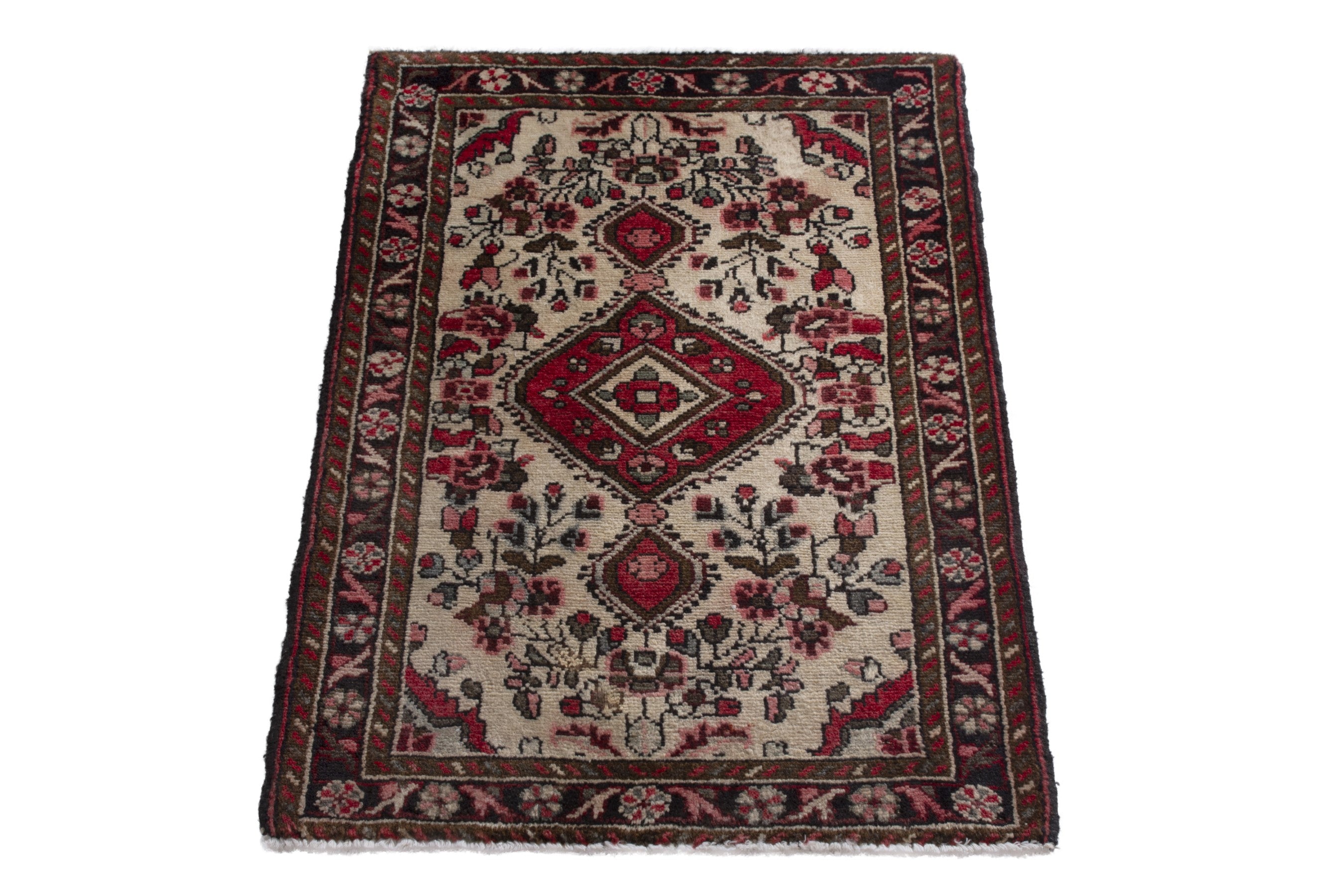 Persian Hamedan accent rug in cream and black, view 3 of 9