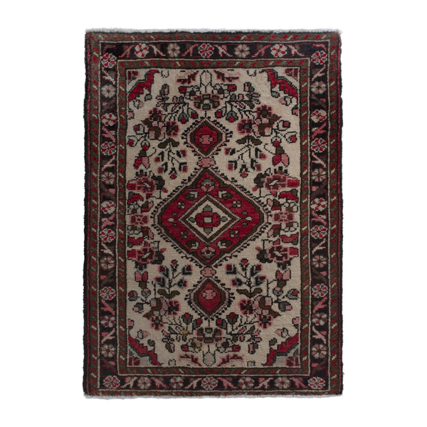 Persian Hamadan accent rug in cream and black, 2'2" x 3'4"