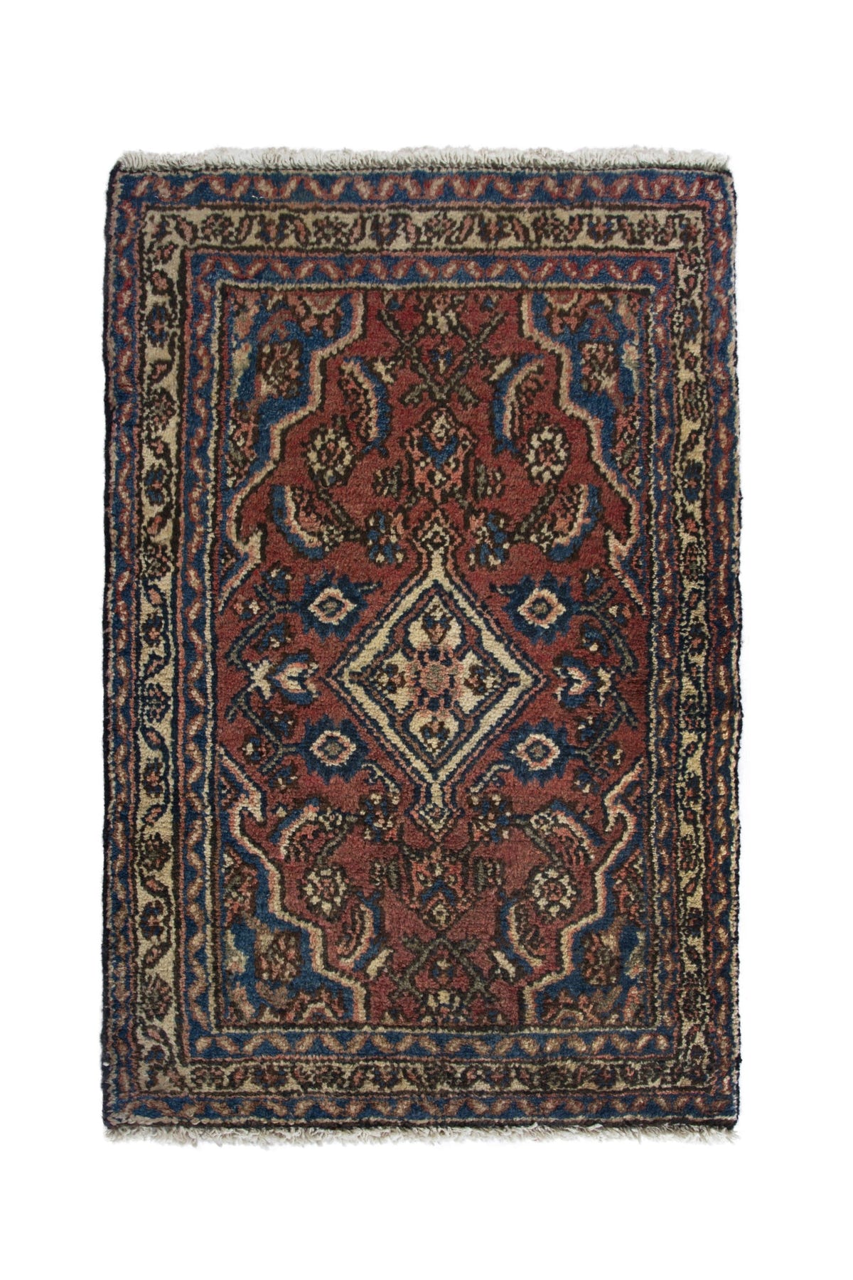 Persian Hamadan accent rug in brick and navy, view 2 of 10