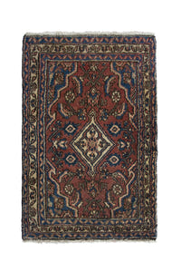Persian Hamadan accent rug in brick and navy, view 2 of 10