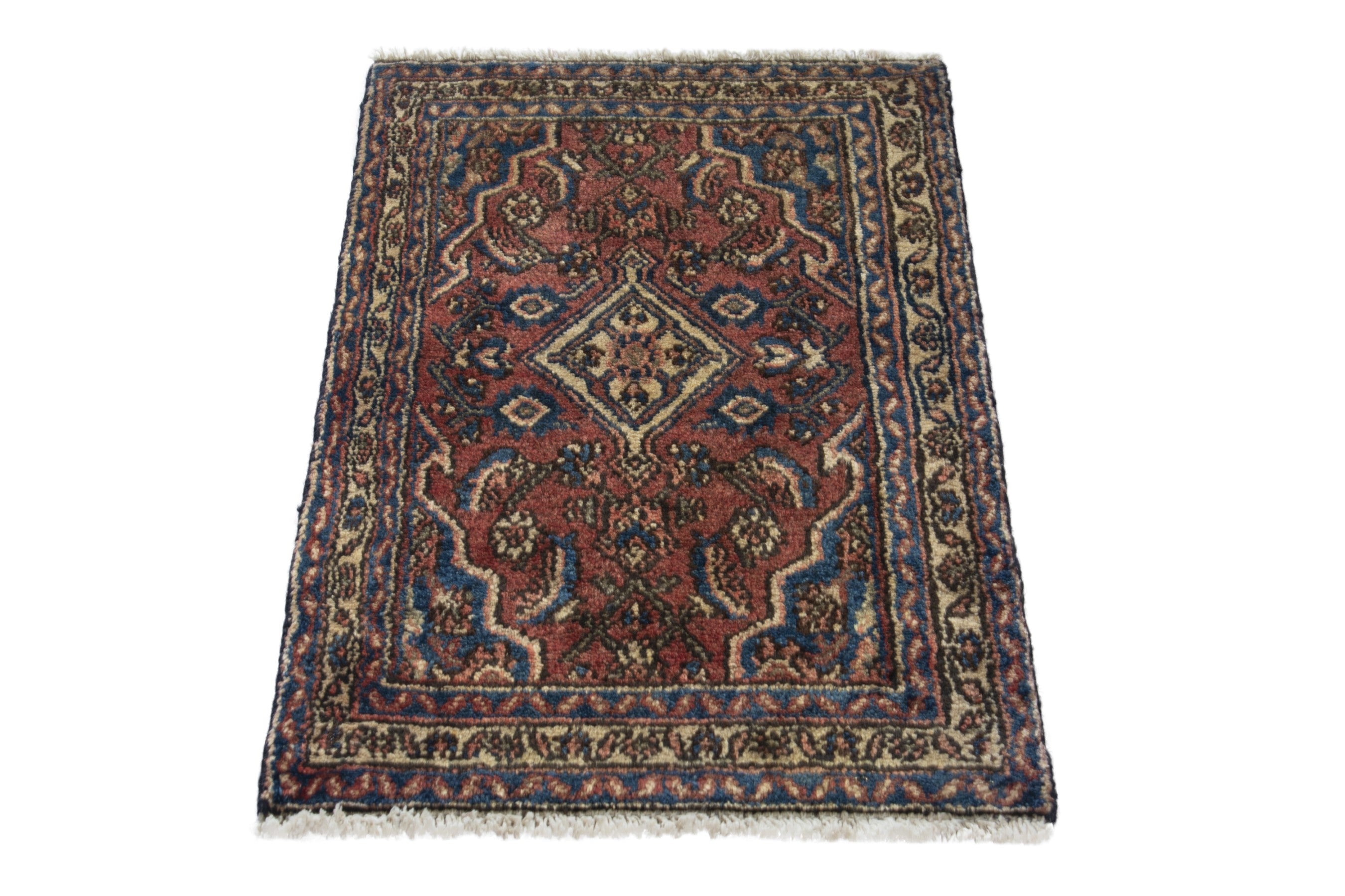 Persian Hamedan accent rug in brick and navy, view 2 of 9