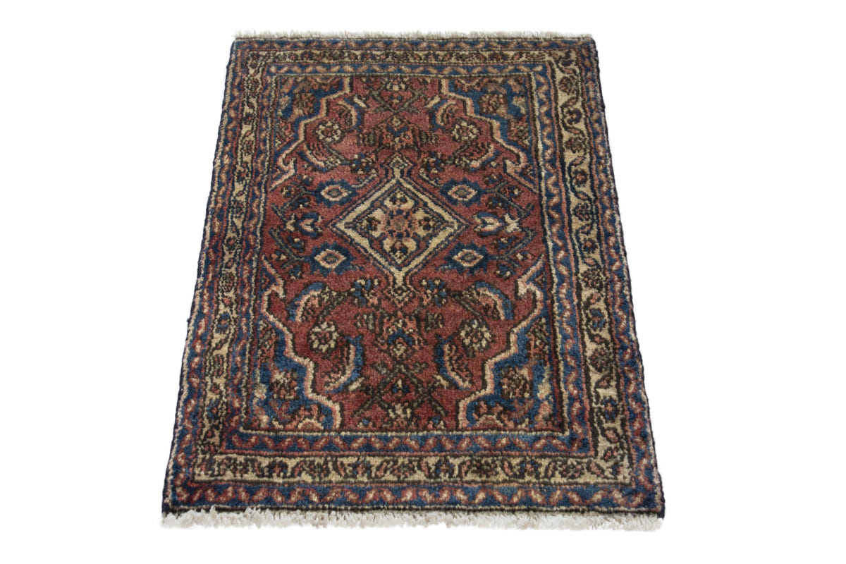 Persian Hamadan accent rug in brick and navy, view 3 of 10