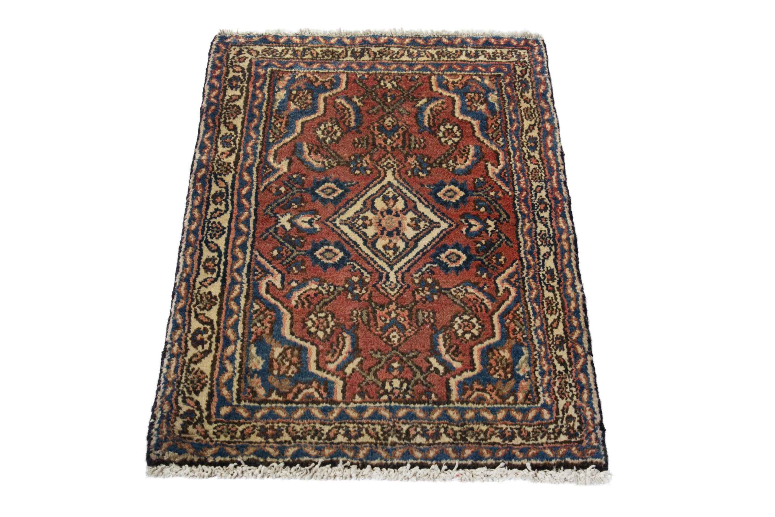 Persian Hamedan accent rug in brick and navy, view 3 of 9