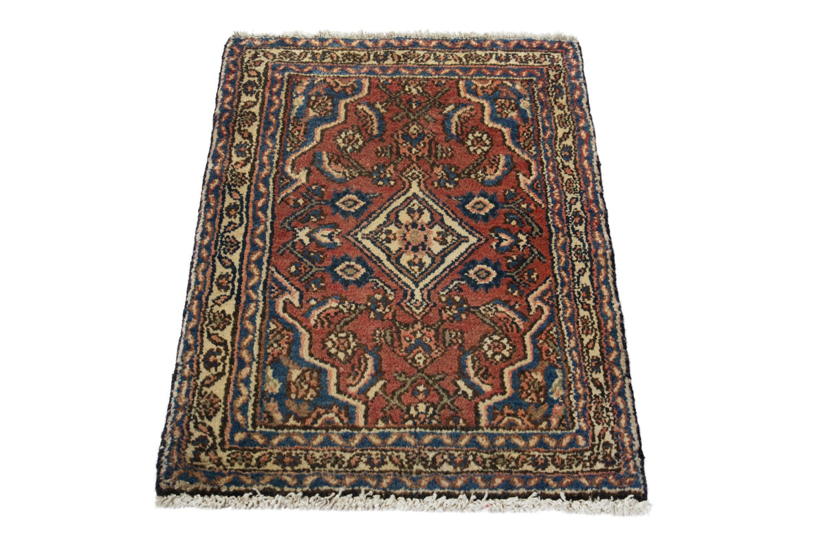 Persian Hamadan accent rug in brick and navy, view 4 of 10
