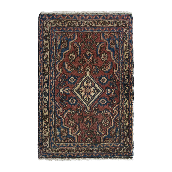 Persian Hamadan accent rug in brick and navy, 1'10" x 2'11"