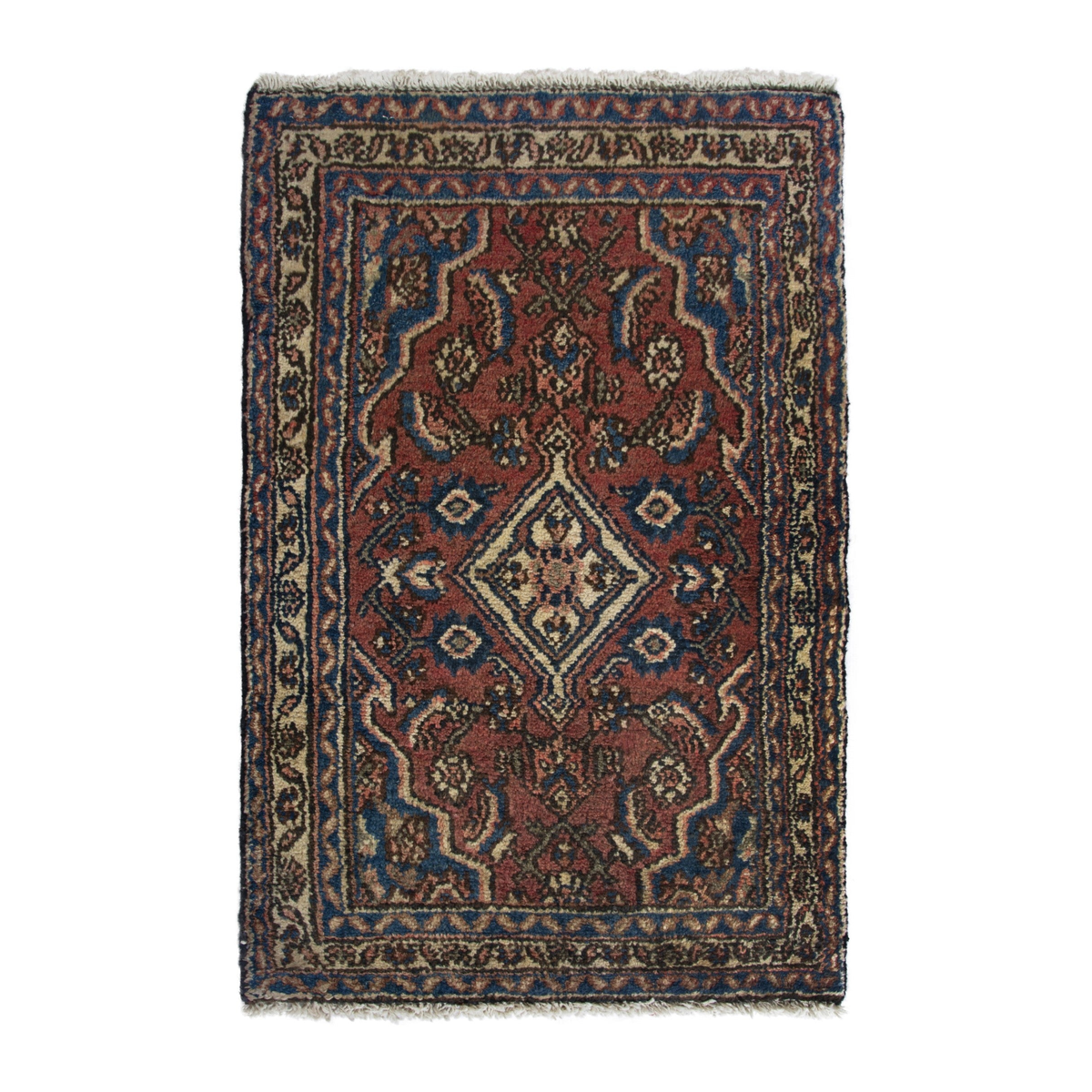 Persian Hamadan accent rug in brick and navy, 1'10" x 2'11"