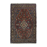 Persian Hamadan accent rug in brick and navy, 1'10" x 2'11"