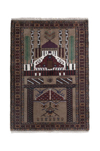 Persian Baluch accent rug in taupe and burgundy, view 2 of 10