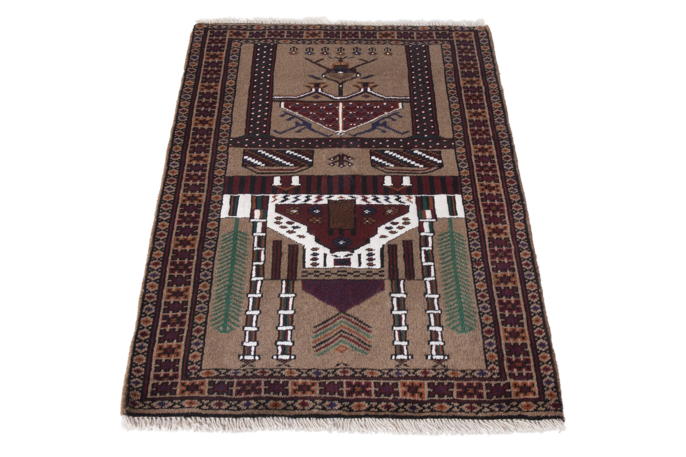 Persian Baluch accent rug in taupe and burgundy, view 2 of 9